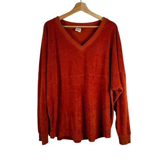 Victoria's Secret Pink Varsity Terry V-Neck Long Sleeve Orange Sweater Size XL - Picture 1 of 12